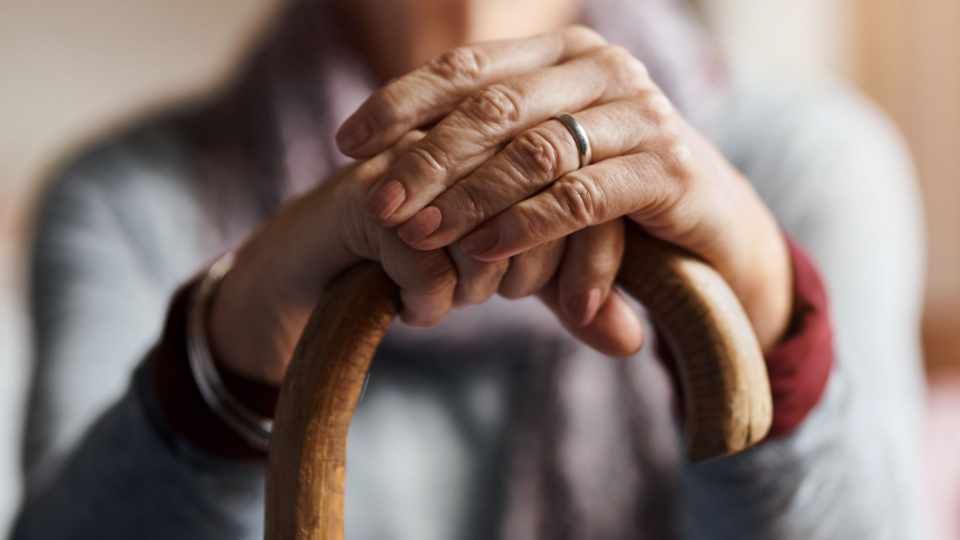 hænder hviler på stok