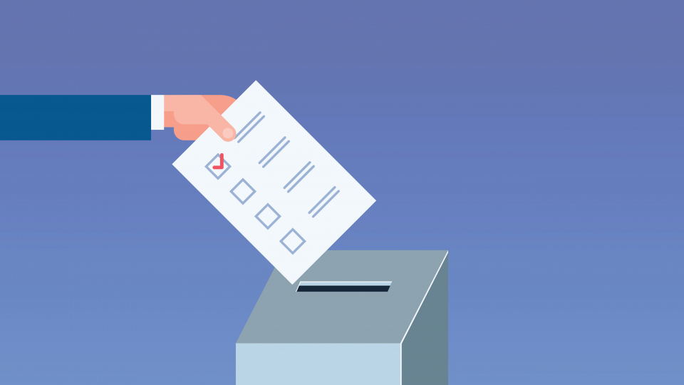 Tegning viser stemmeseddel lægges i boks