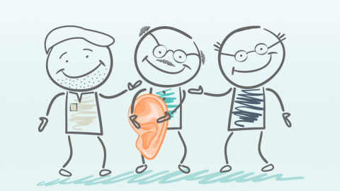 tre tegnede figurer med et øre