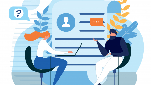 Billedet viser en tegning af to voksne der taler sammen