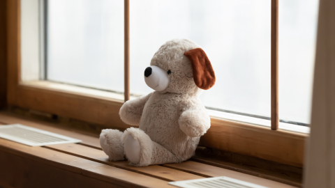 Bamse sidder i vindueskarm