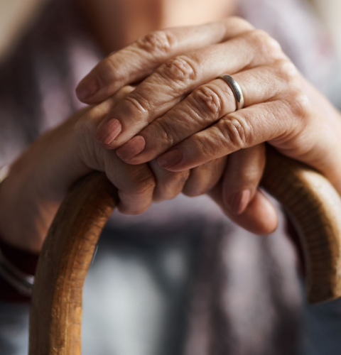 hænder hviler på stok