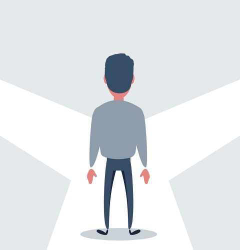 mand står ved to veje i hver sin retning