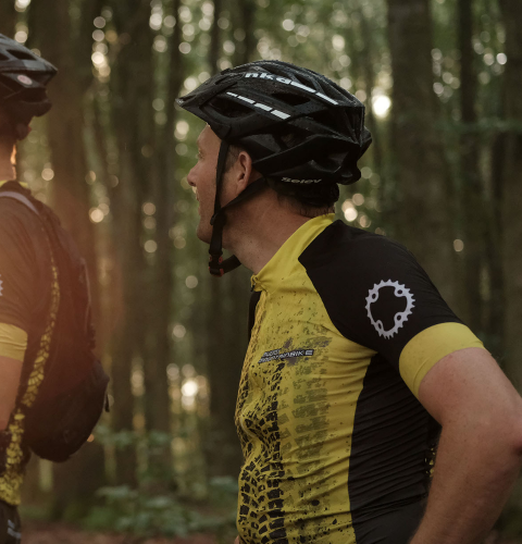 Mountainbikeryttere i skov med sol i baggrunden