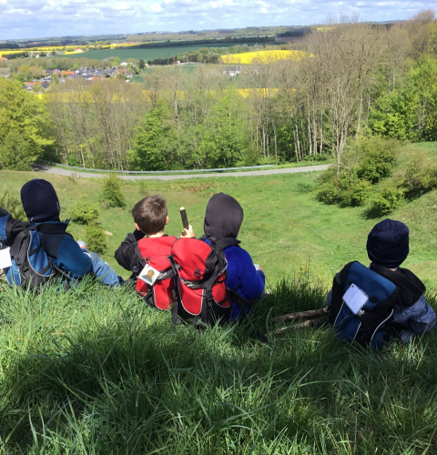 Børn på bakke ser på udsigten